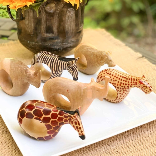 Jedando Handicrafts Set of Six Mahogany Wood Animal Napkin Rings