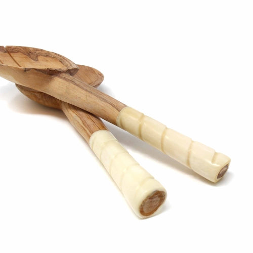 Olive Wood Salad Servers with Bone Handles, White with Etching Design