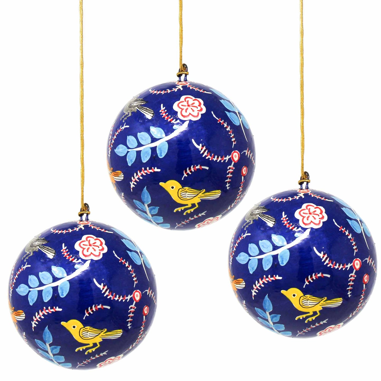 Handpainted Ornament Birds and Flowers, Blue - Pack of 3