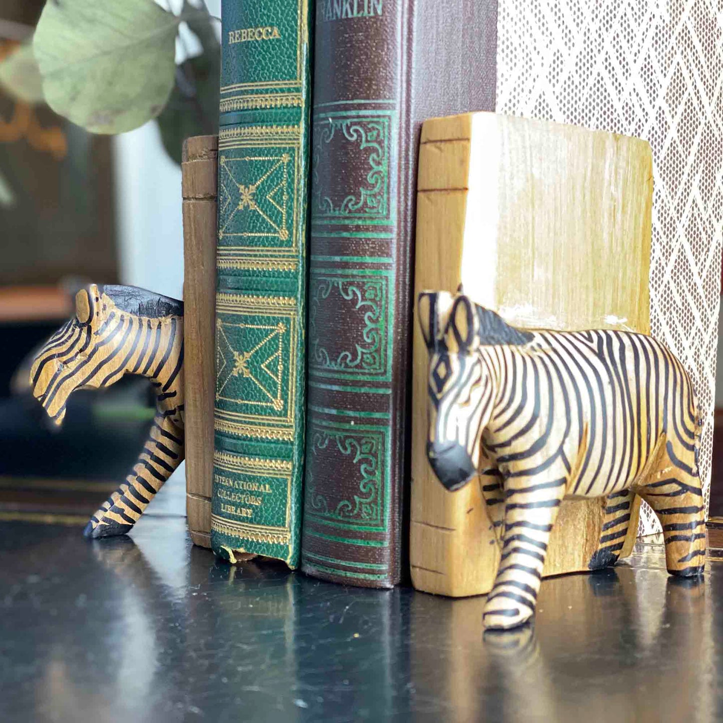 Jedando Handicrafts Carved Wood Zebra Book Ends