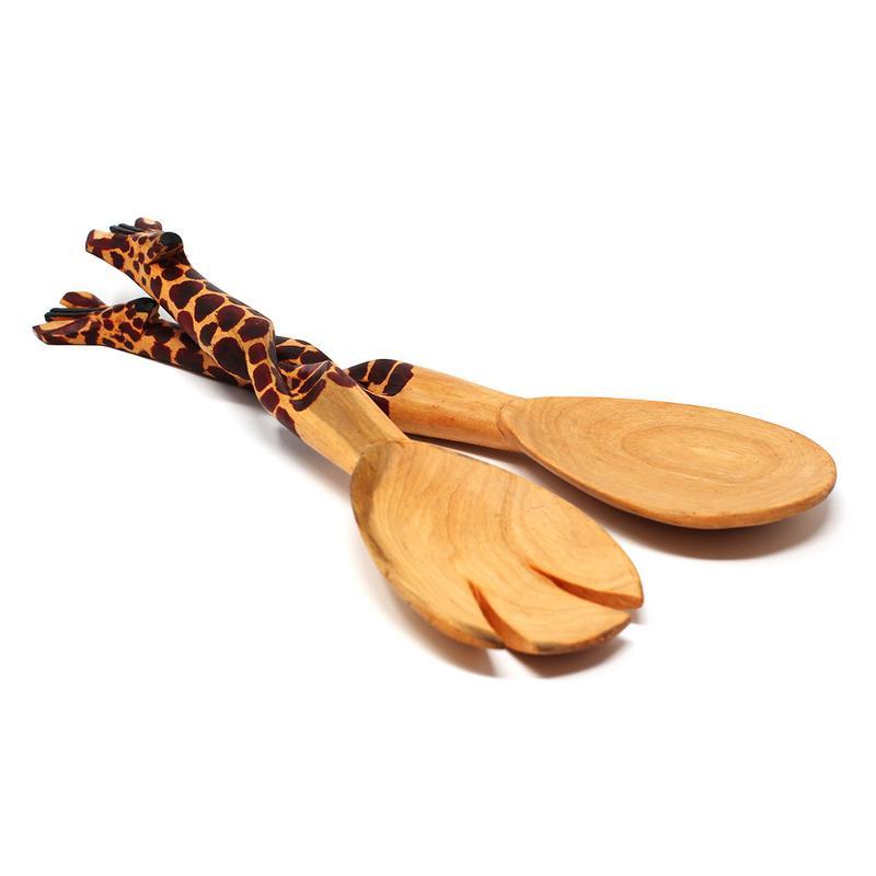 Jedando Handicrafts Hand-Carved Giraffe Salad Serving Set