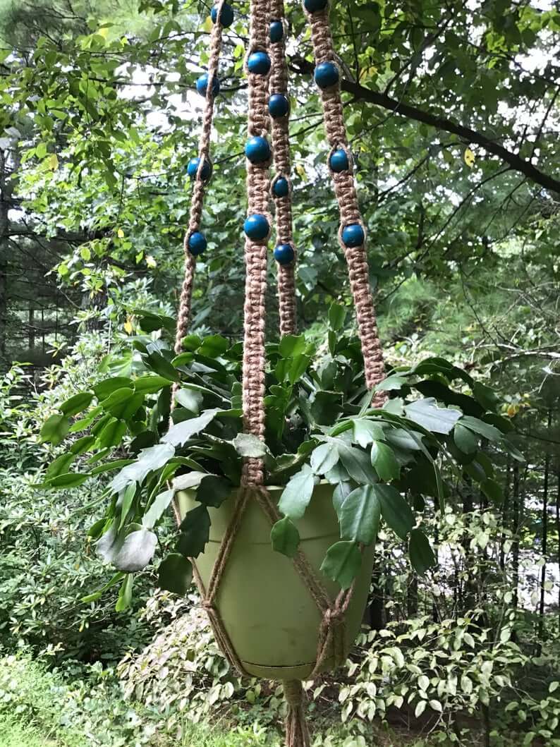 HangingKnots Jute Hanger with Round Teal Wooden Beads
