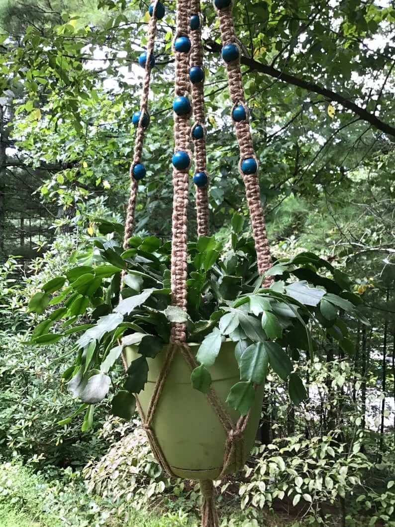 natural plant hanger HangingKnots Jute Hanger with Round Teal Wooden Beads