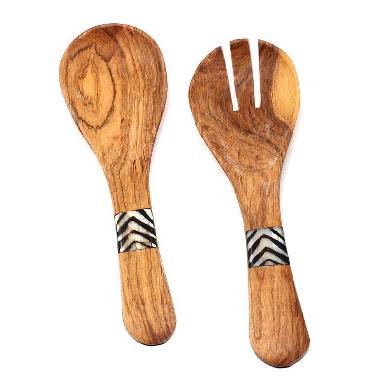 Jedando Handicrafts Olive Wood Serving Set with Batik Inlay