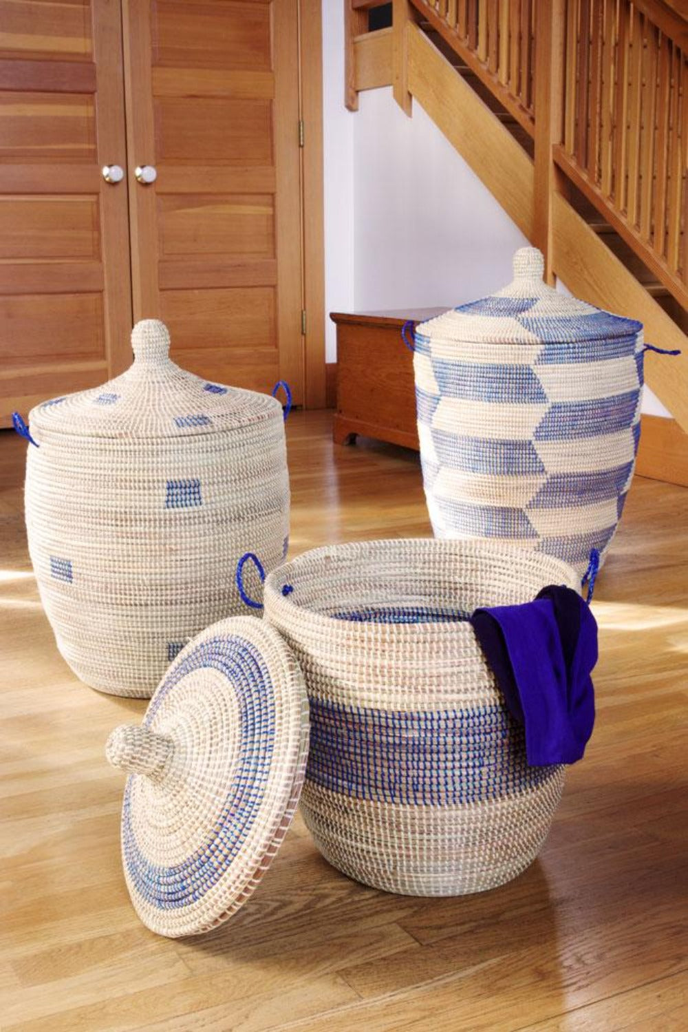 Swahili African Modern Set of Three Blue and Cream Mixed Pattern Hampers
Jungle Pillows