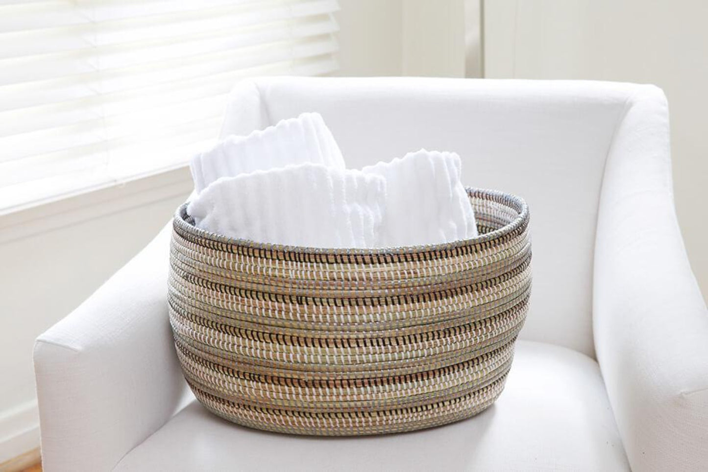 Swahili African Modern Black, Silver & White Striped Knitting Basket