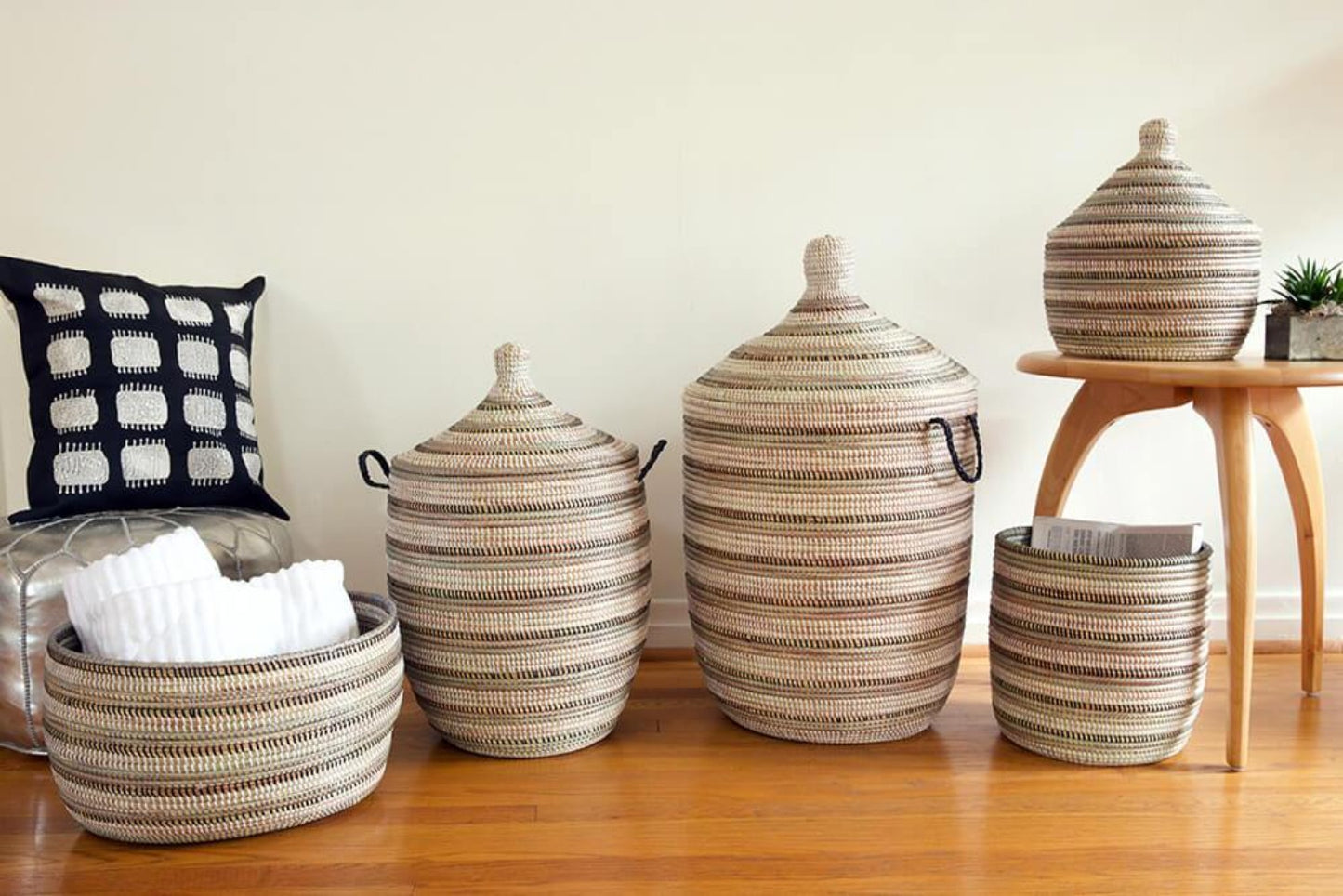 Swahili African Modern Black, Silver & White Striped Knitting Basket