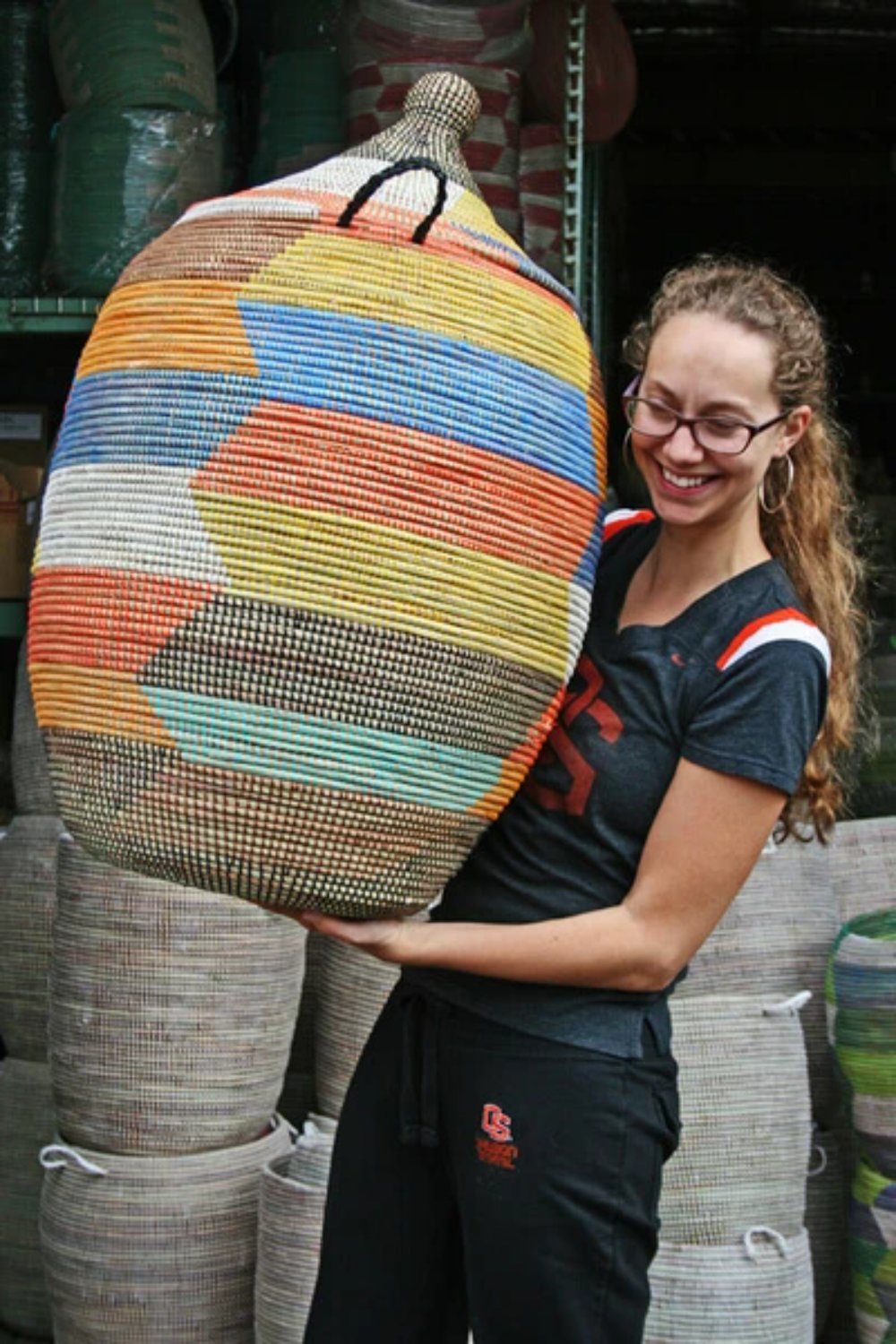 Swahili African Modern Oversized Rainbow Herringbone Storage Basket