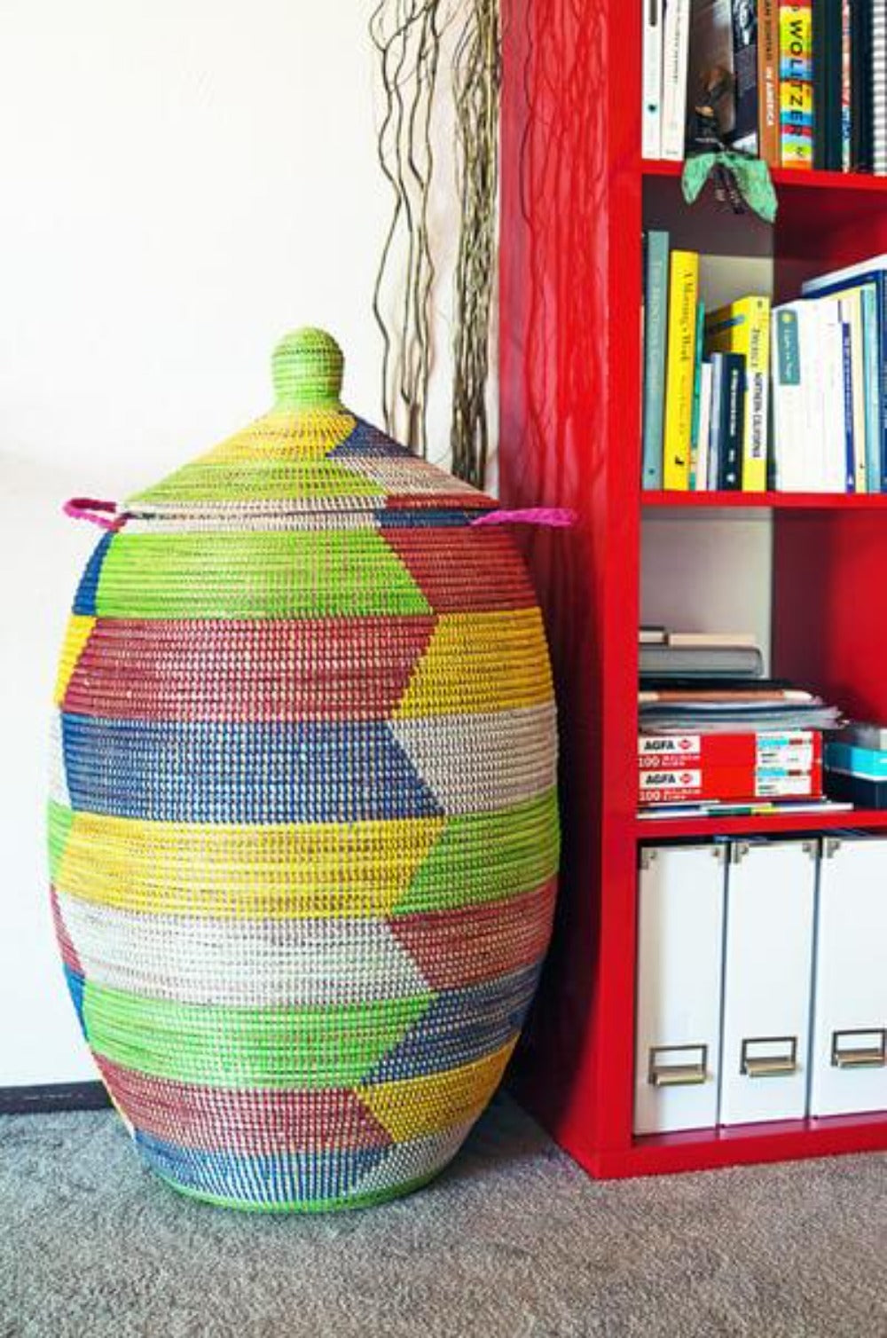 Swahili African Modern Oversized Rainbow Herringbone Storage Basket