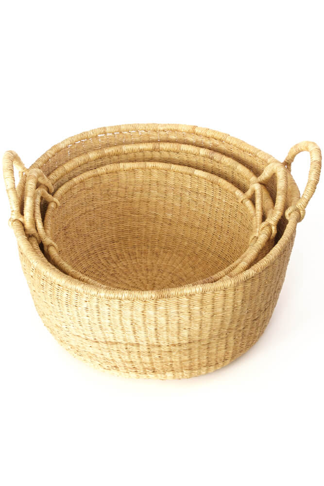 Swahili African Modern Set of Three Natural Woven Grass Floor Baskets