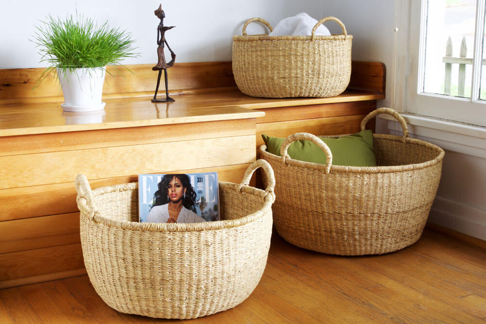 Swahili African Modern Set of Three Natural Woven Grass Floor Baskets