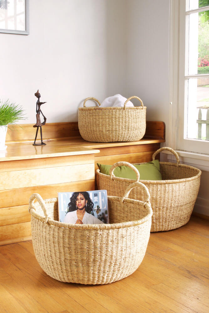 Swahili African Modern Set of Three Natural Woven Grass Floor Baskets