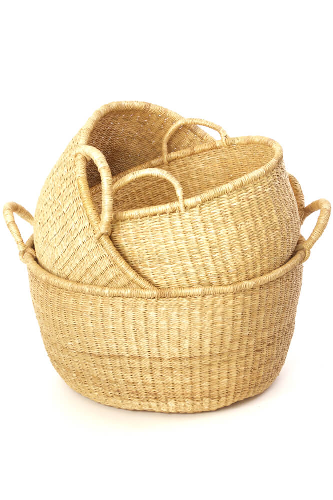 Swahili African Modern Set of Three Natural Woven Grass Floor Baskets