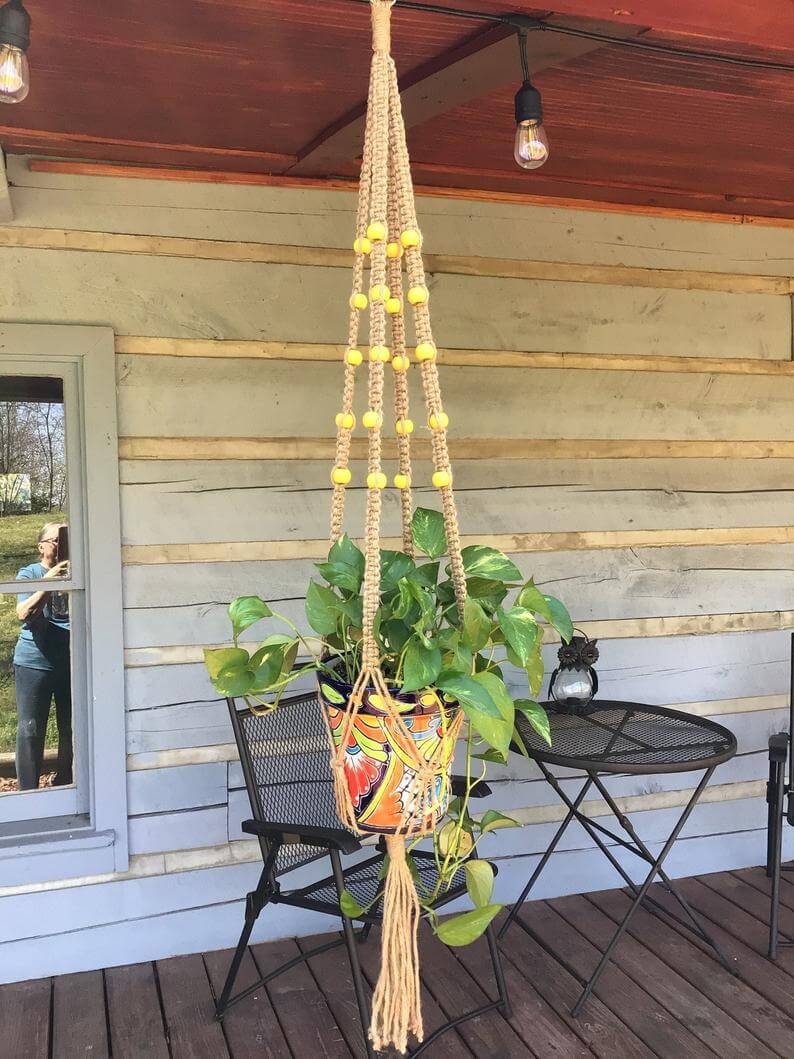 porch plant hanger Hanging Knots Jute Hanger with Round Yellow Wooden Beads | Natural Plant Hangers