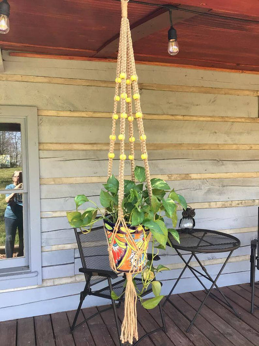 HangingKnots Jute Hanger with Round Yellow Wooden Beads