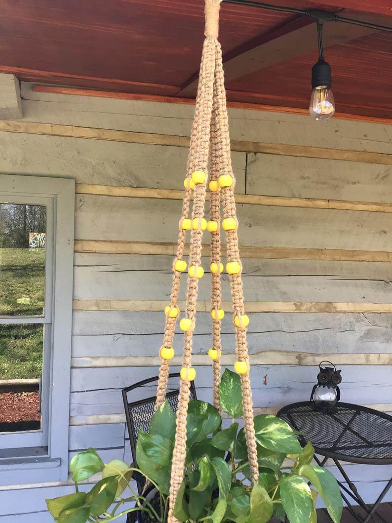jute plant hanger diy Hanging Knots Jute Hanger with Round Yellow Wooden Beads | Natural Plant Hangers