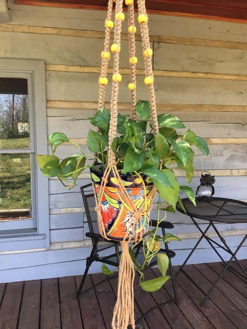 natural plant hanger Hanging Knots Jute Hanger with Round Yellow Wooden Beads | Natural Plant Hangers