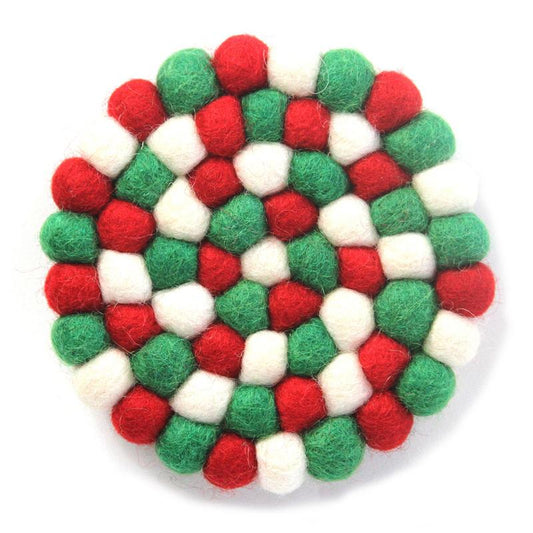 Global Groove Hand Crafted Felt Ball Coasters from Nepal: 4-pack, White Christmas Multicolor