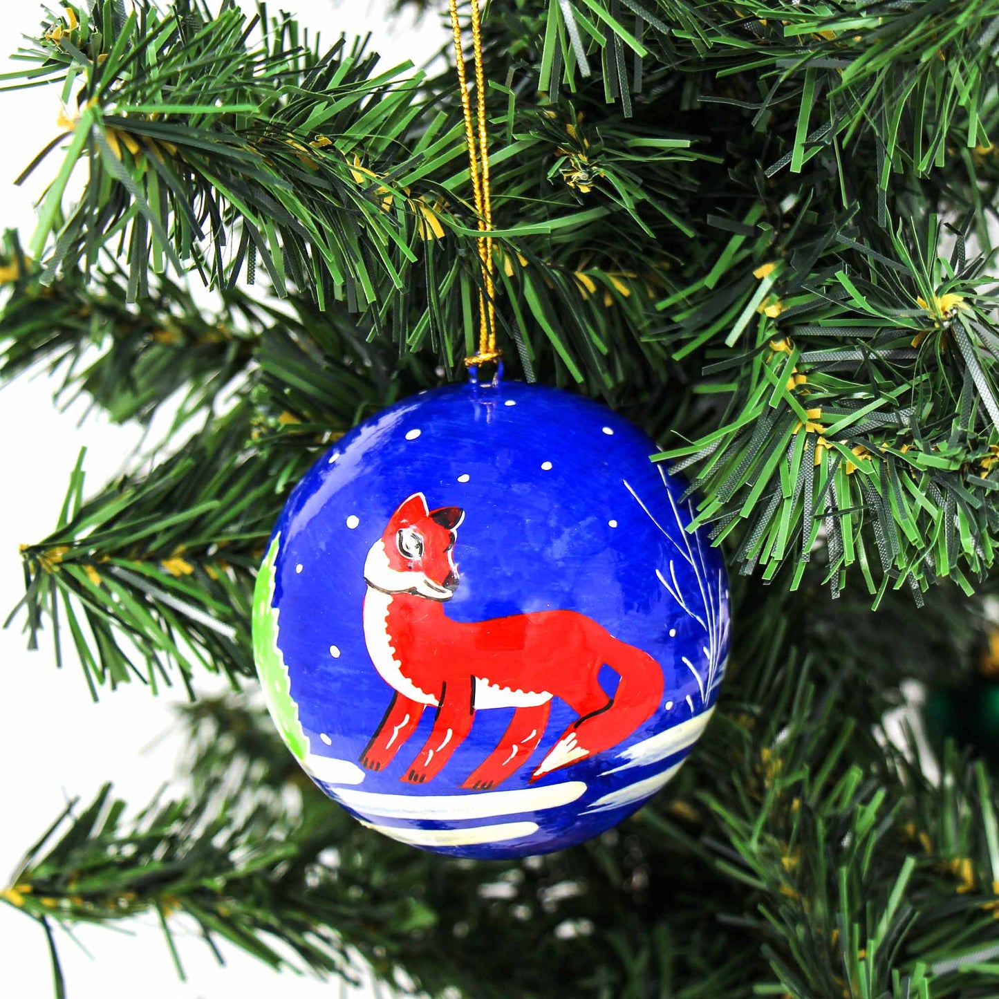 Handpainted Fox & Bird Ornaments, Set of 2