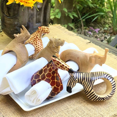 Jedando Handicrafts Set of Six Mahogany Wood Animal Napkin Rings