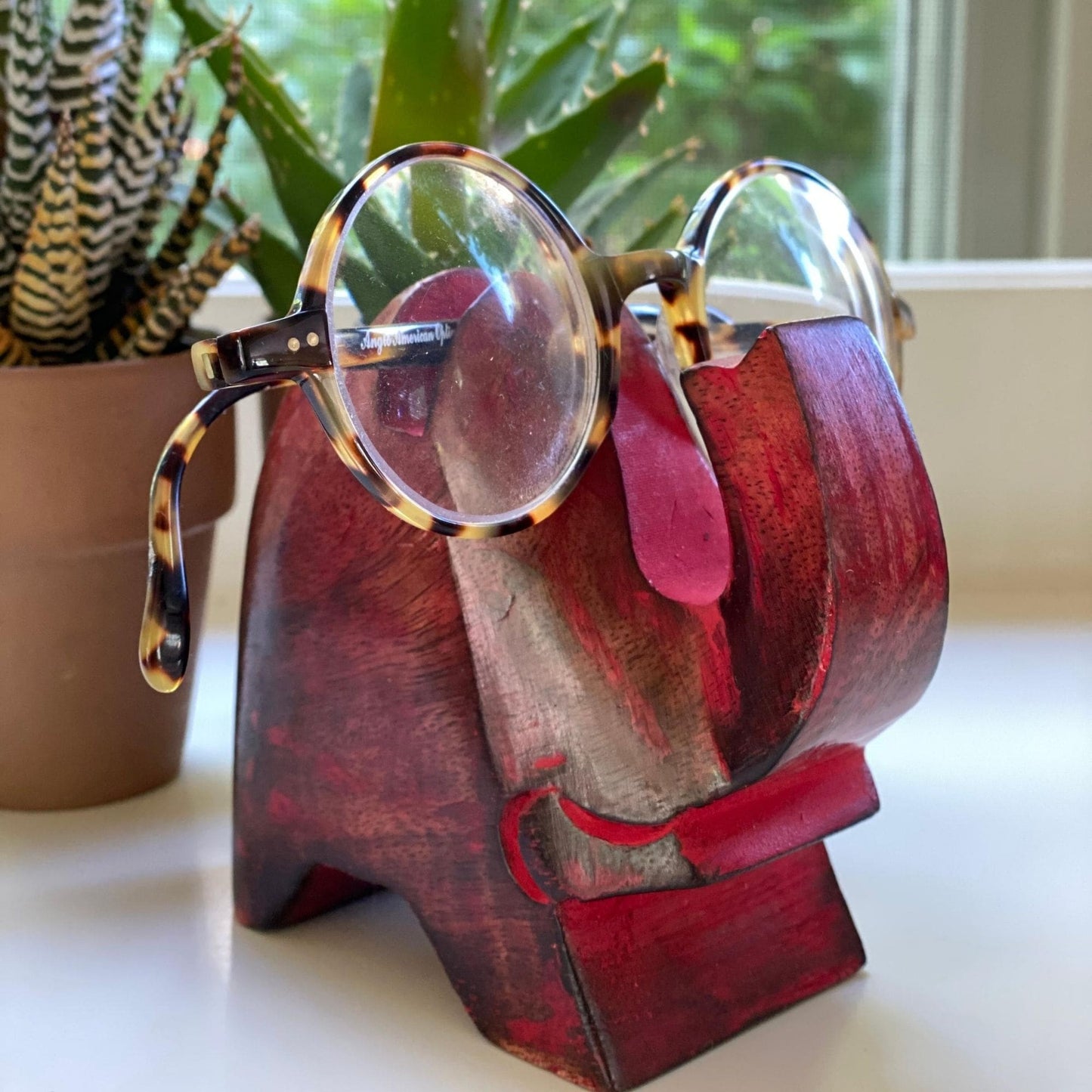 Asha Handicrafts Elephant Eyeglass Stand in Red Wash