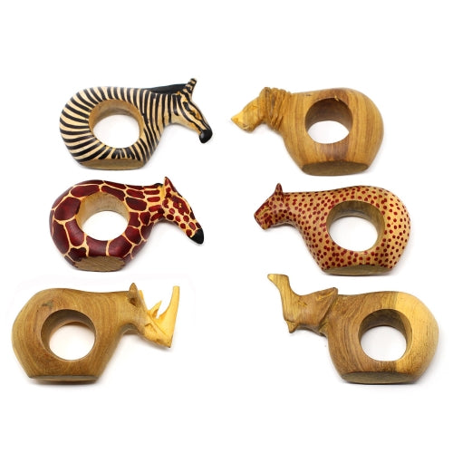 Jedando Handicrafts Set of Six Mahogany Wood Animal Napkin Rings