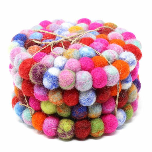 Global Groove Hand Crafted Felt Ball Coasters from Nepal: 4-pack, Rainbow