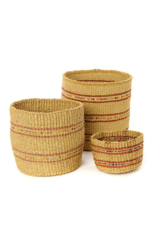 Swahili African Modern Caramel Petite Set of Three Sisal Baskets with Colorful Beads