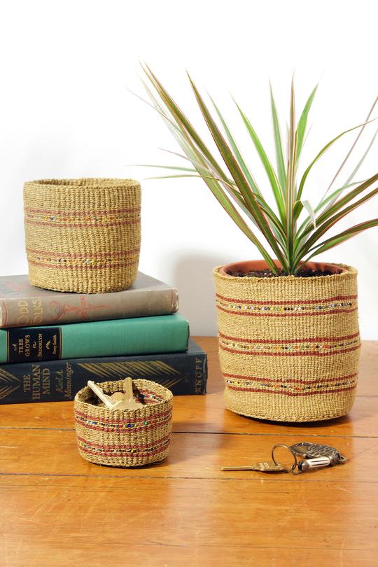 Swahili African Modern Caramel Petite Set of Three Sisal Baskets with Colorful Beads