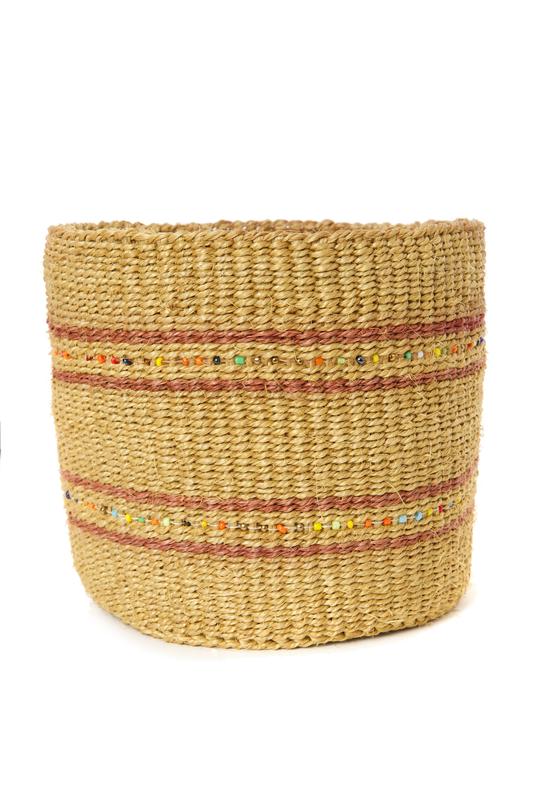 Swahili African Modern Caramel Petite Set of Three Sisal Baskets with Colorful Beads