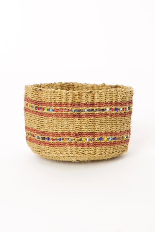 Swahili African Modern Caramel Petite Set of Three Sisal Baskets with Colorful Beads