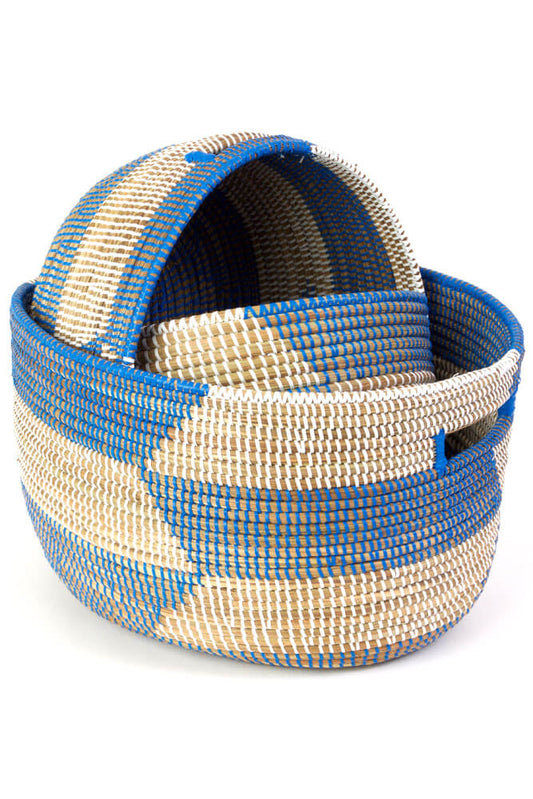 Swahili African Modern Set of Three Blue Herringbone Sewing Baskets