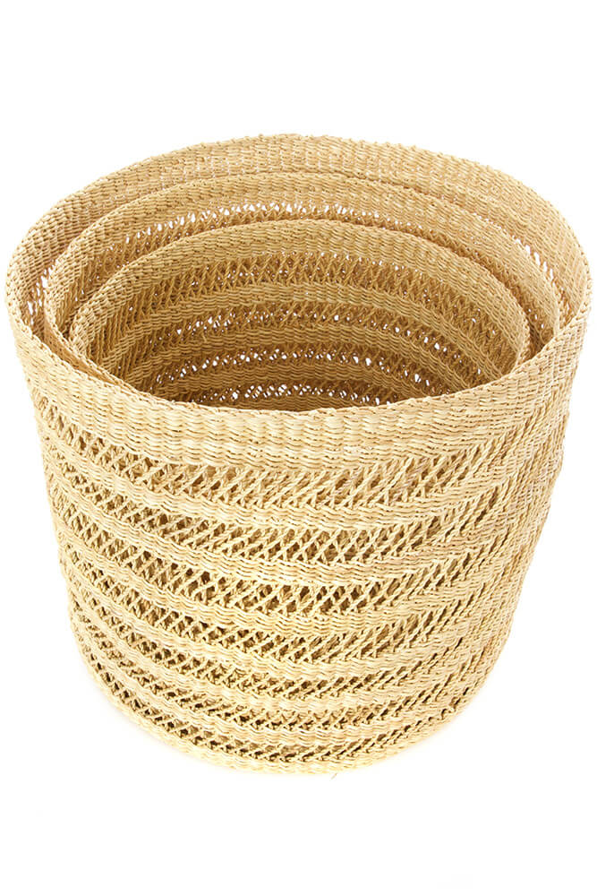 Swahili African Modern Set of Three Veta Vera Lace Weave Basket Bins