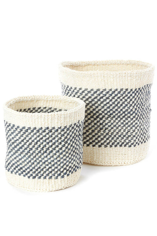 Swahili African Modern Set of Two Charcoal and Cream Twill Sisal Nesting Baskets