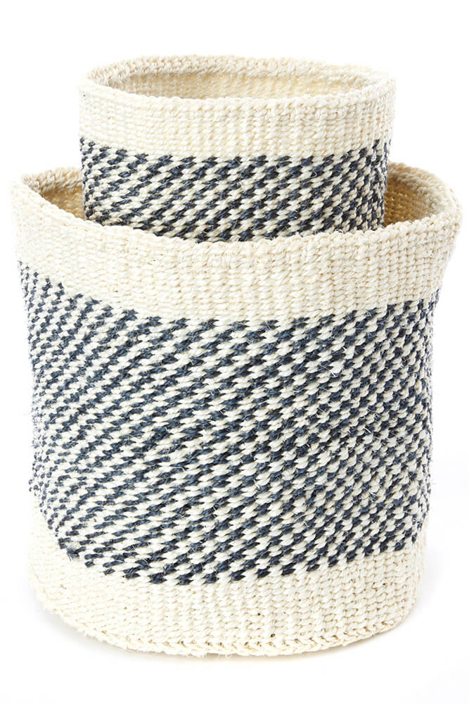 Swahili African Modern Set of Two Charcoal and Cream Twill Sisal Nesting Baskets