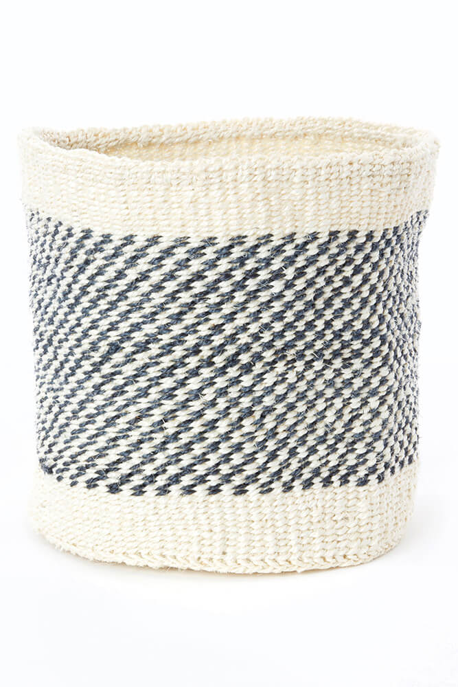 Swahili African Modern Set of Two Charcoal and Cream Twill Sisal Nesting Baskets