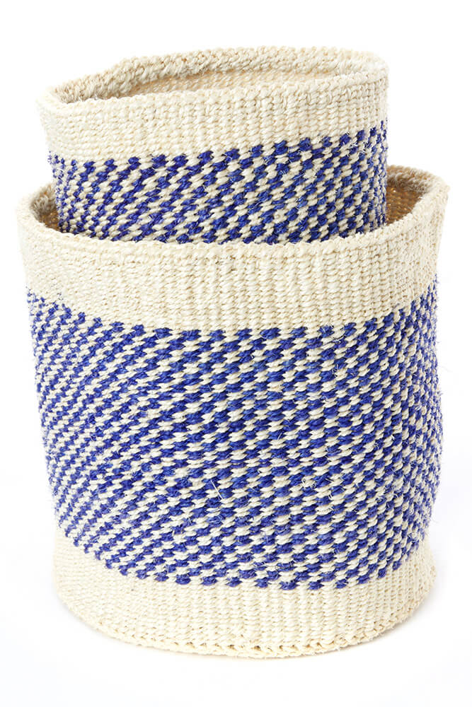Swahili African Modern Set of Two Blue and Cream Twill Sisal Nesting Baskets