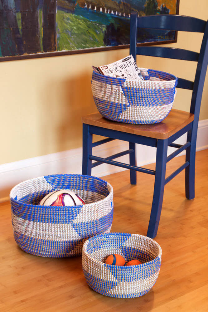 Swahili African Modern Set of Three Blue Herringbone Sewing Baskets