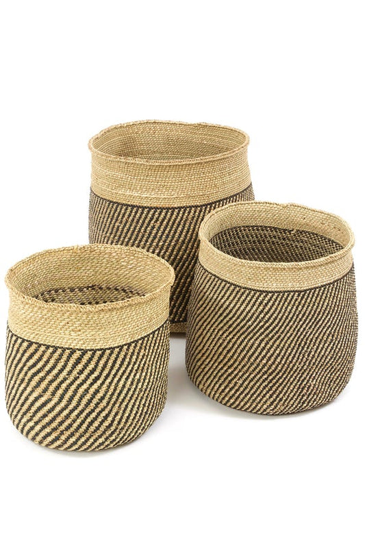 Swahili African Modern Iringa Baskets with Diagonal Black Stripes